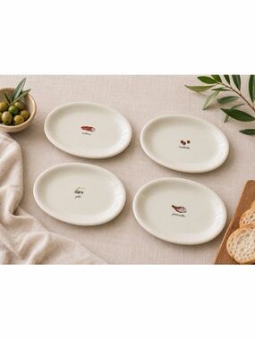 RAE DUNN • (Set of 4) Cream Meat-Themed Oval Ceramic Appetizer Plate Set